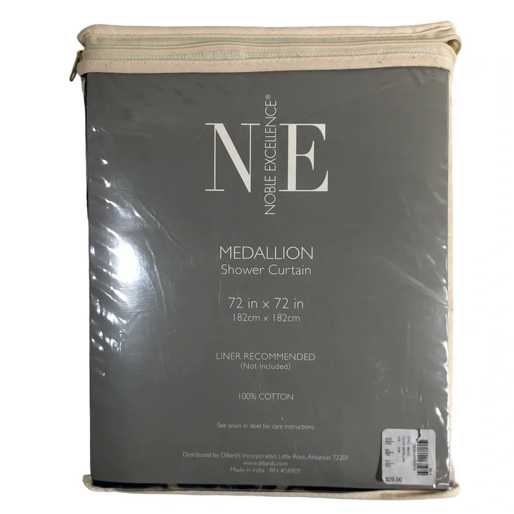 NOBLE EXCELLENCE Medallion Blue Beige Shower Curtain NWT